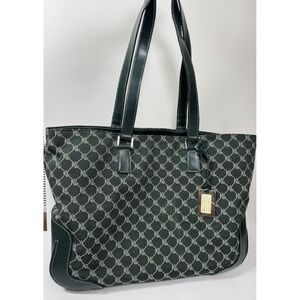 Ralph Lauren Large Green Travel Footed Tote Logo Signature Print Leather Canvas